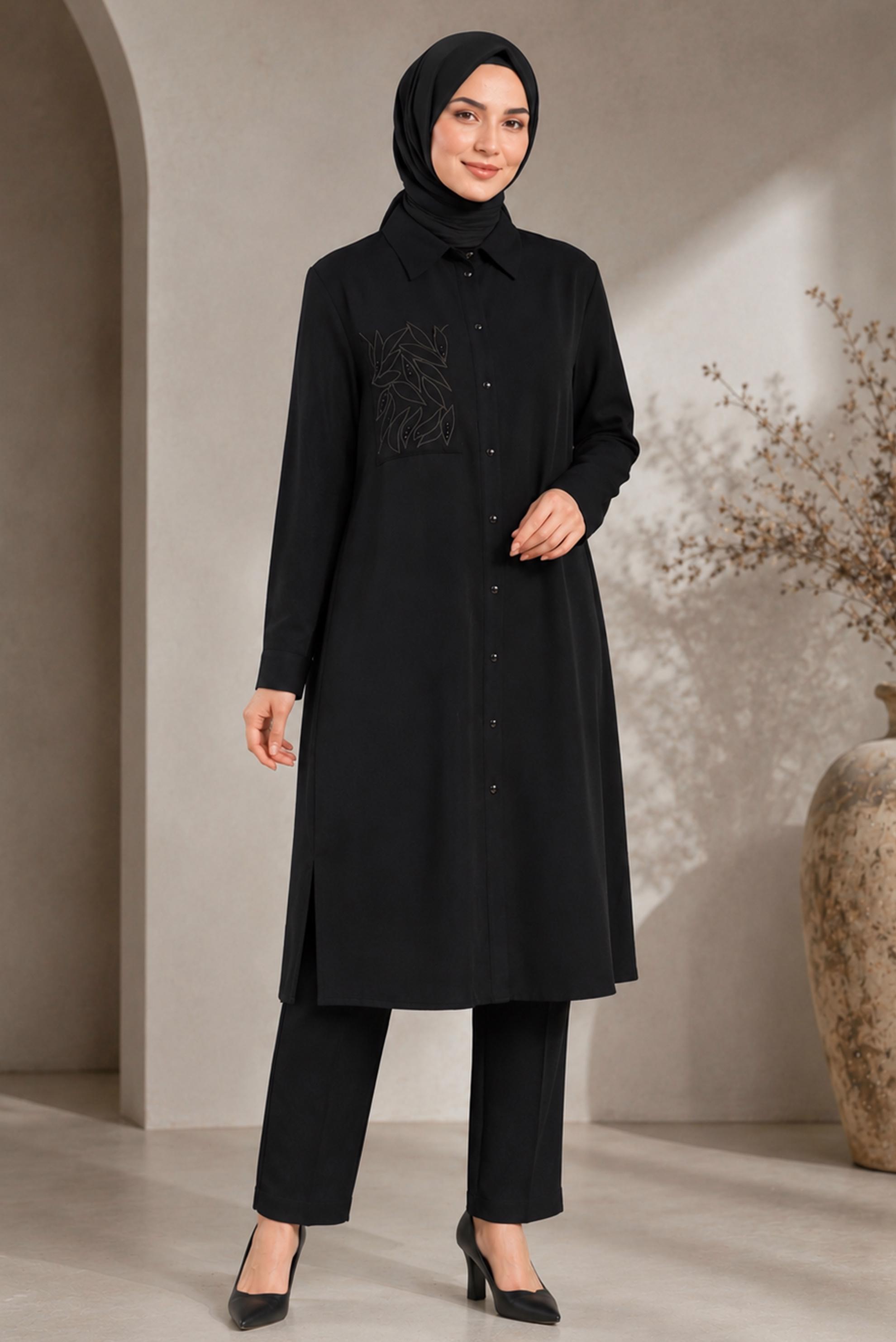 Hijab clothing BLACK SHIRT COLLAR EMBROIDERED TUNIC 21039