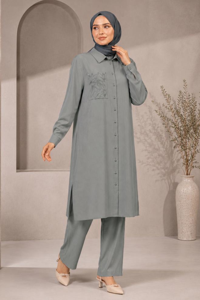 Hijab clothing GREY SHIRT COLLAR EMBROIDERED TUNIC 21039 - ALVİNA