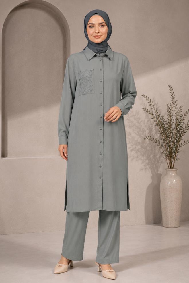 Hijab clothing GREY SHIRT COLLAR EMBROIDERED TUNIC 21039 - ALVİNA