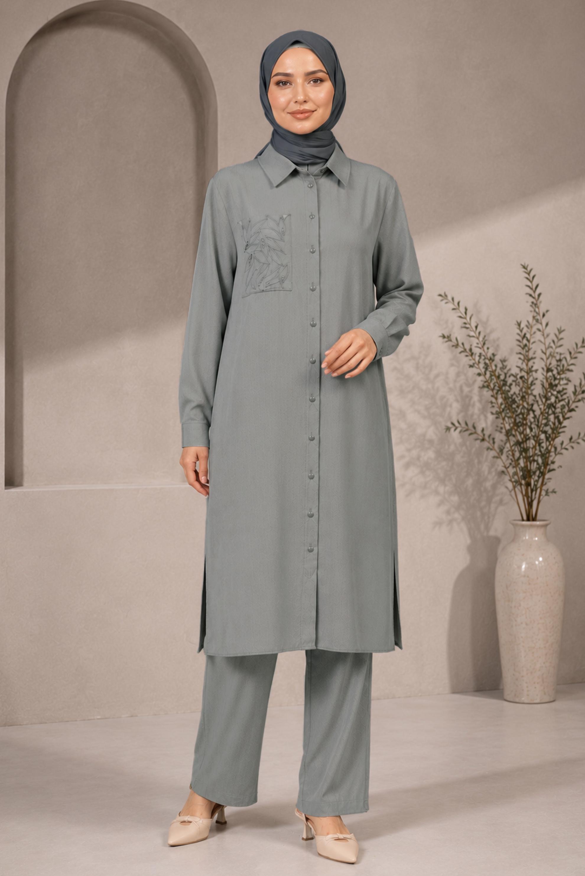 Hijab clothing GREY SHIRT COLLAR EMBROIDERED TUNIC 21039