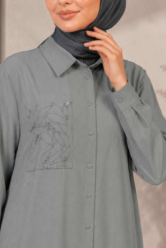 Hijab clothing GREY SHIRT COLLAR EMBROIDERED TUNIC 21039 - ALVİNA