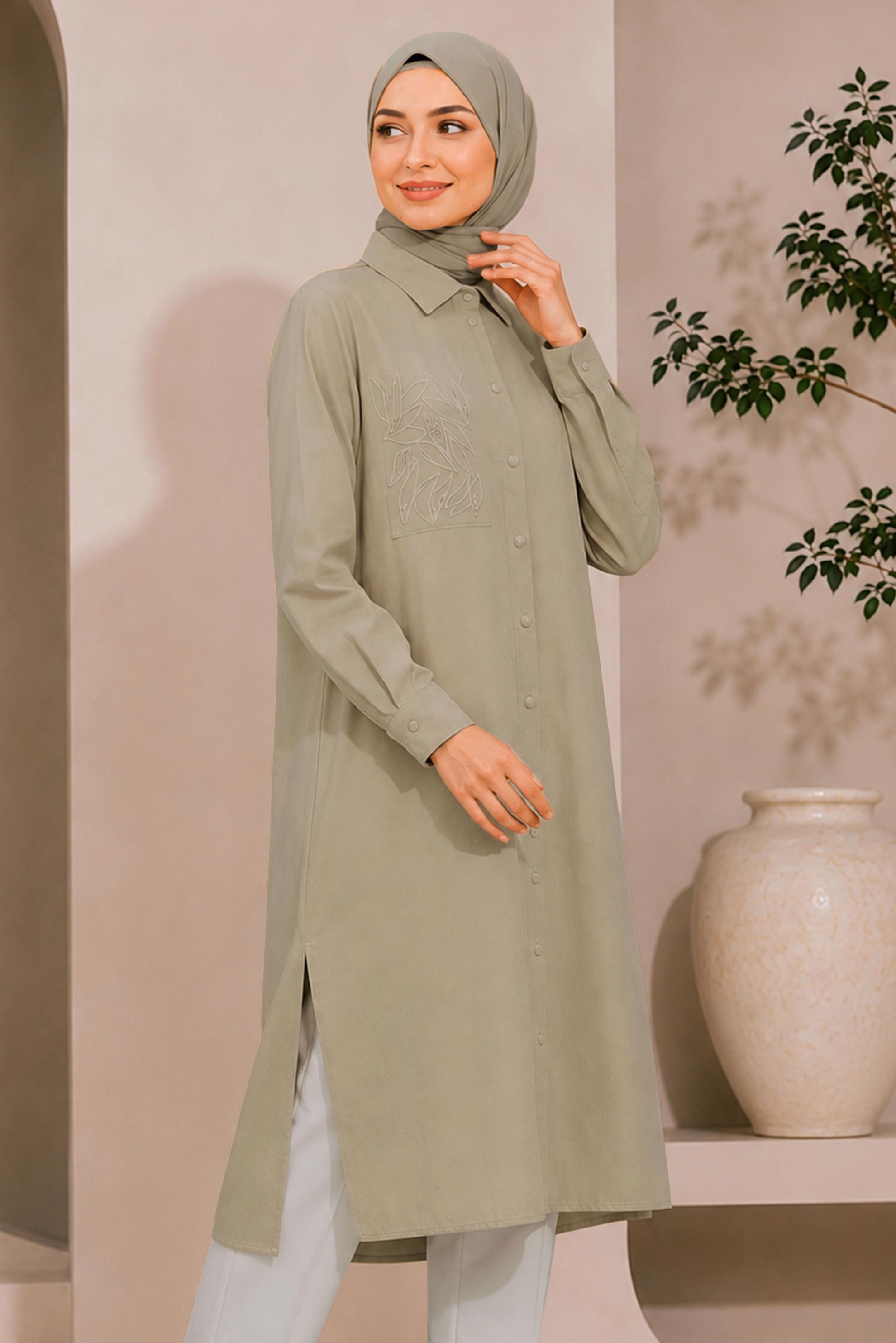 Hijab clothing BROWN SHIRT COLLAR EMBROIDERED TUNIC 21039