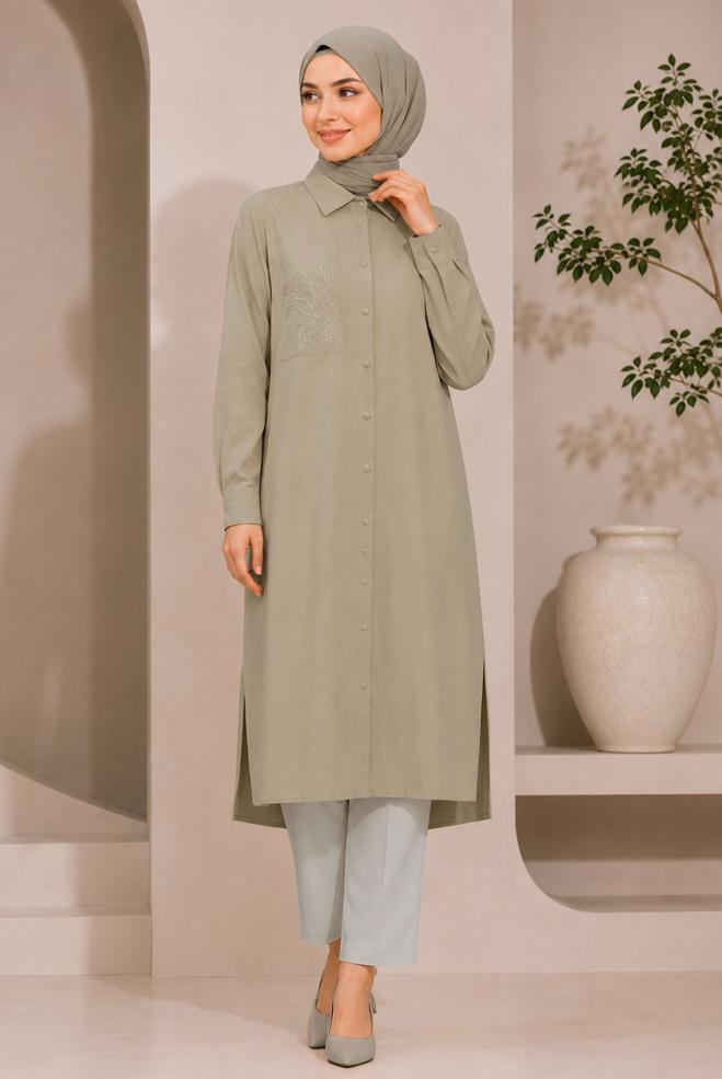 Hijab clothing BROWN SHIRT COLLAR EMBROIDERED TUNIC 21039 - ALVİNA