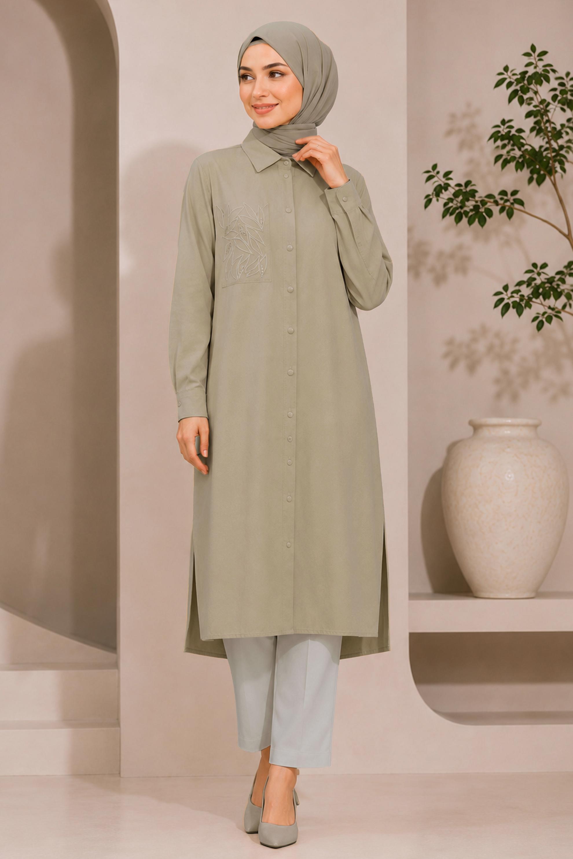 Hijab clothing BROWN SHIRT COLLAR EMBROIDERED TUNIC 21039