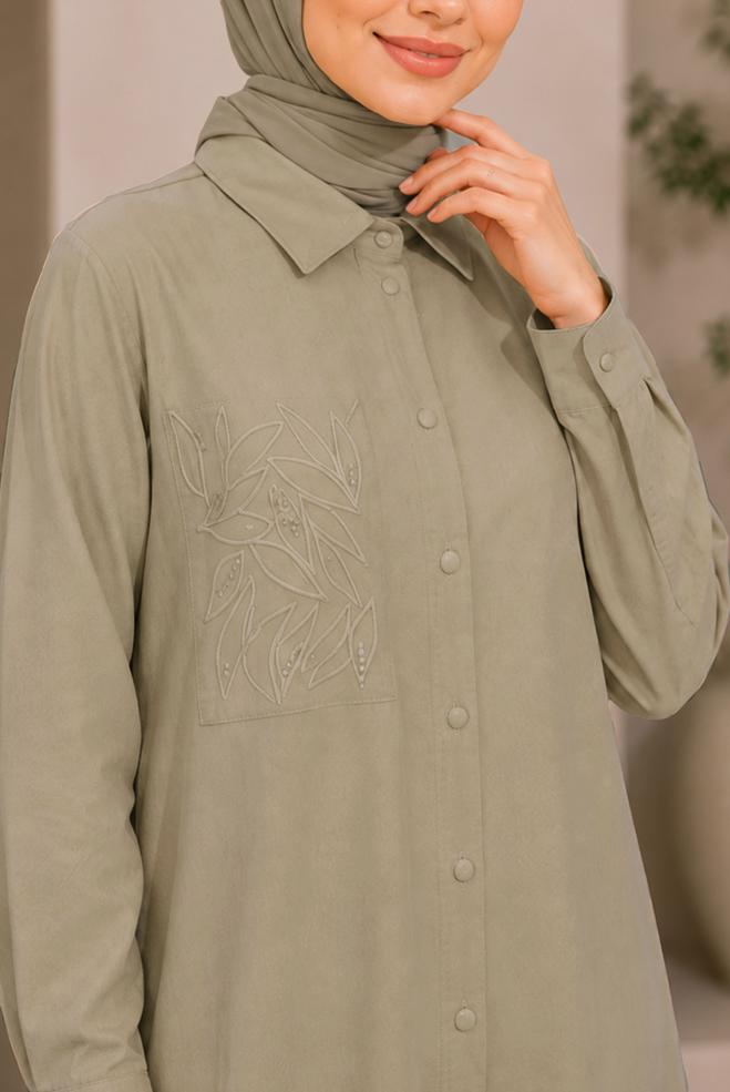 Hijab clothing BROWN SHIRT COLLAR EMBROIDERED TUNIC 21039 - ALVİNA
