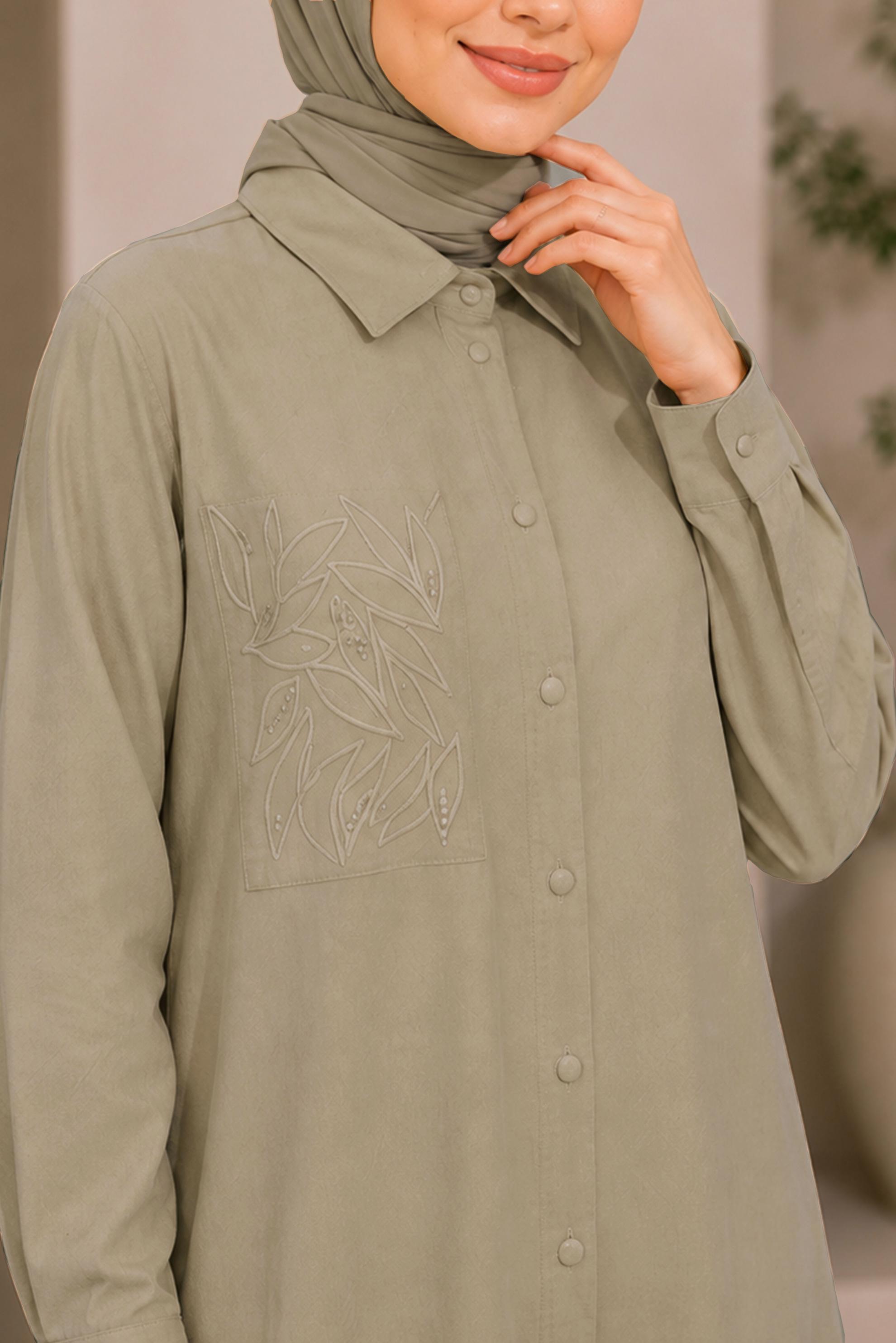Hijab clothing BROWN SHIRT COLLAR EMBROIDERED TUNIC 21039