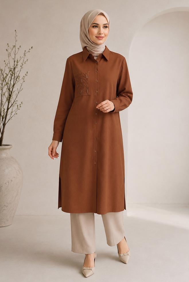 Hijab clothing ORANGE SHIRT COLLAR EMBROIDERED TUNIC 21039 - ALVİNA
