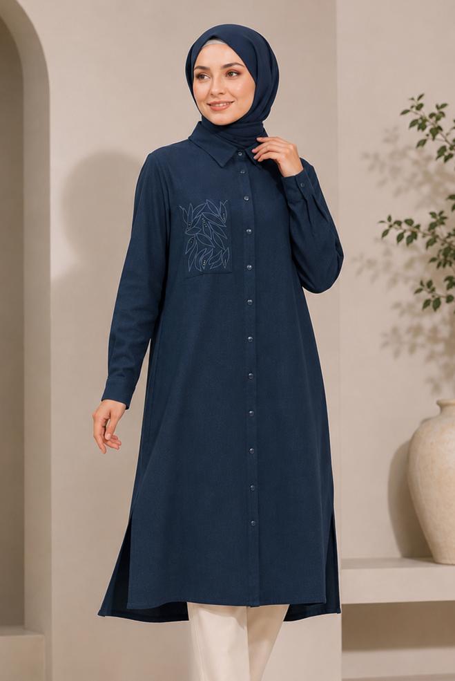 Hijab clothing NAVY BLUE SHIRT COLLAR EMBROIDERED TUNIC 21039 - ALVİNA