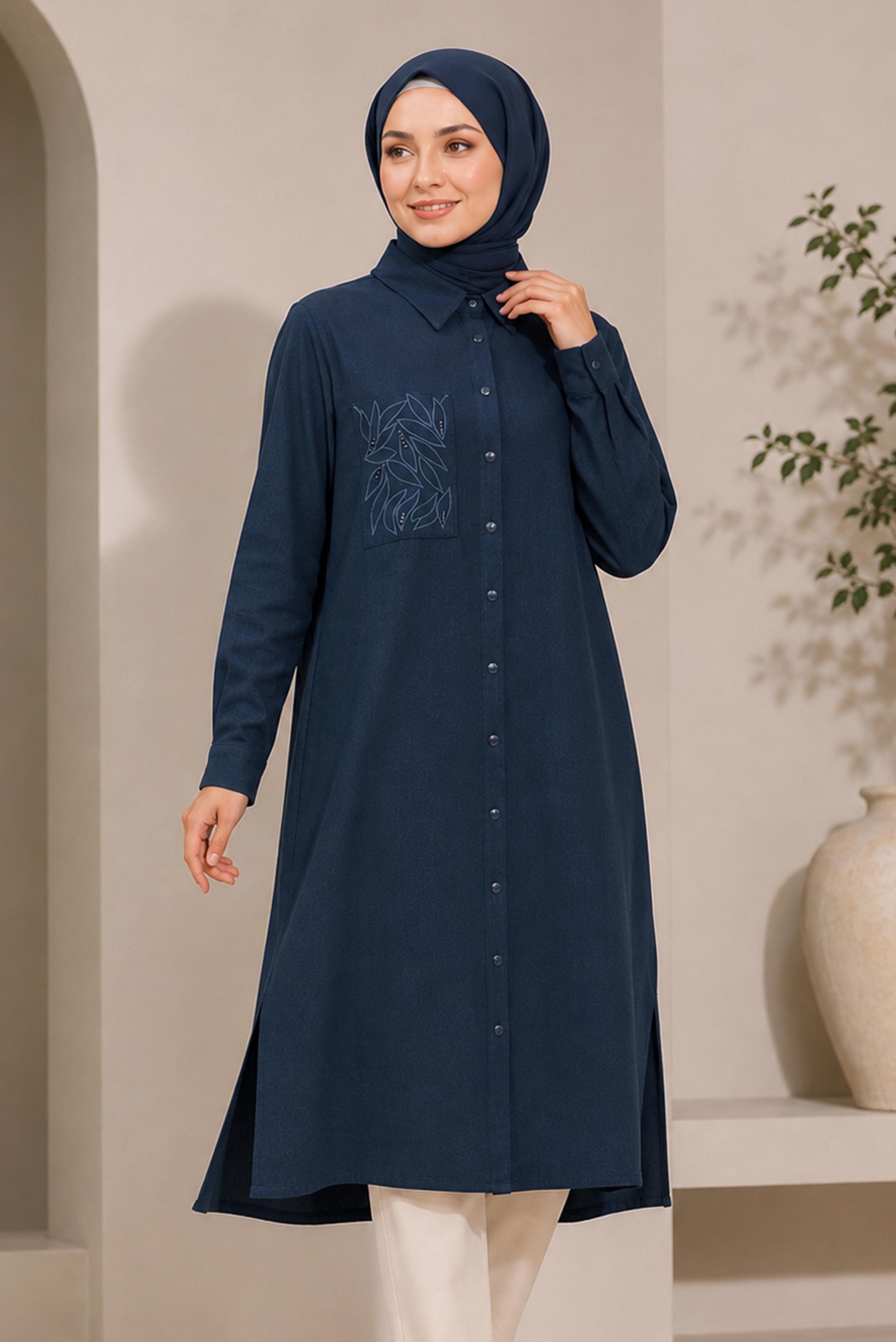 Hijab clothing NAVY BLUE SHIRT COLLAR EMBROIDERED TUNIC 21039