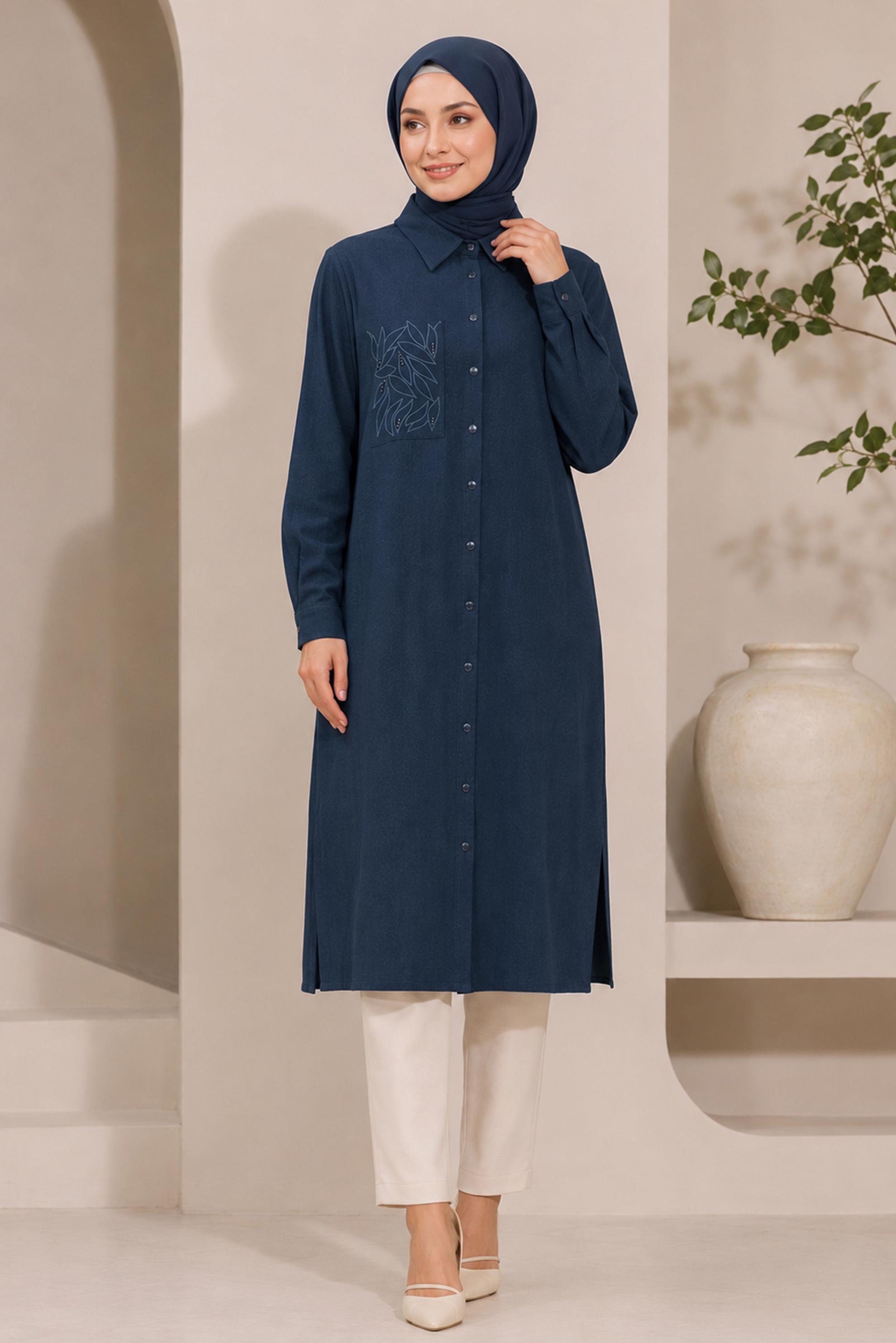 Hijab clothing NAVY BLUE SHIRT COLLAR EMBROIDERED TUNIC 21039