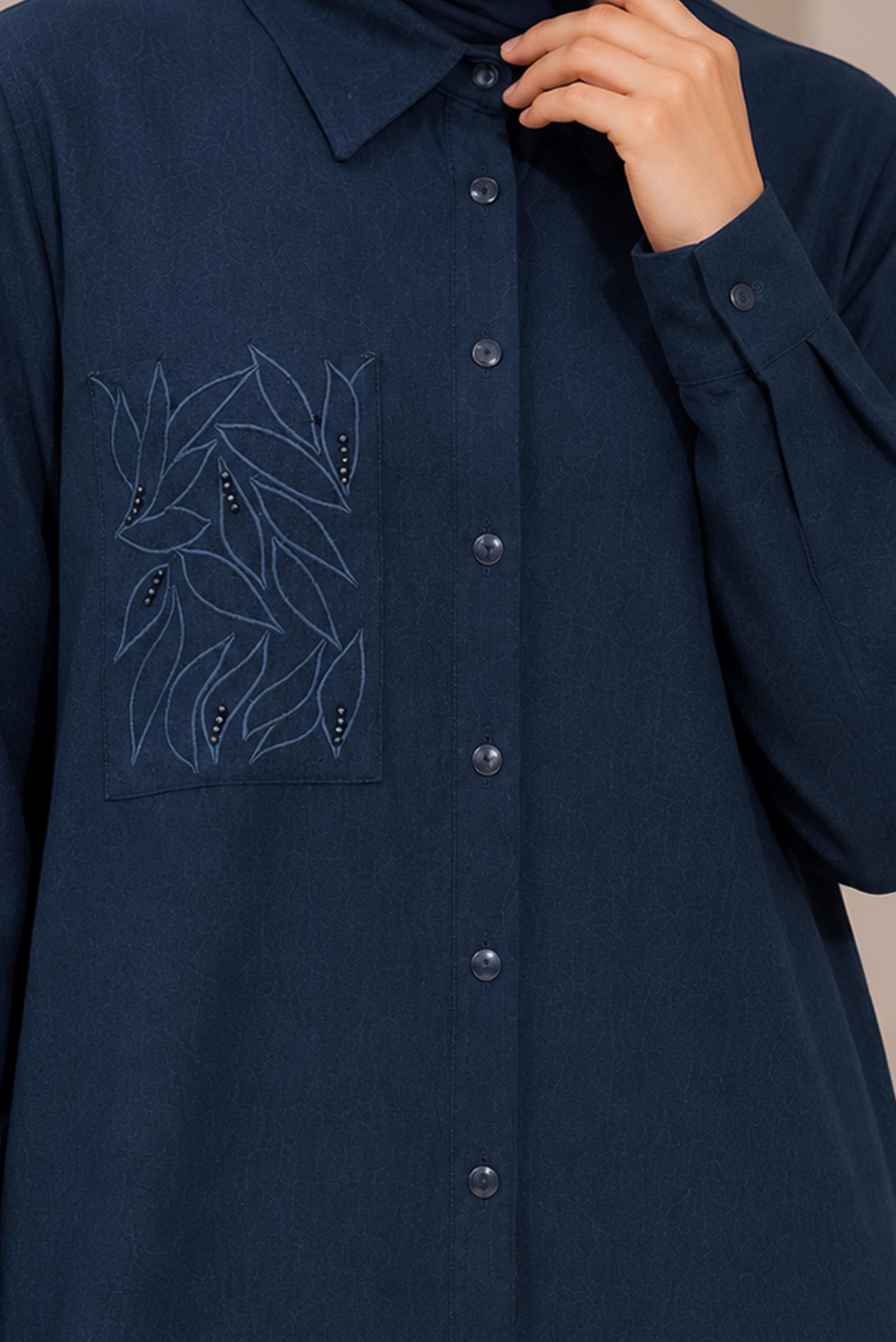 Hijab clothing NAVY BLUE SHIRT COLLAR EMBROIDERED TUNIC 21039