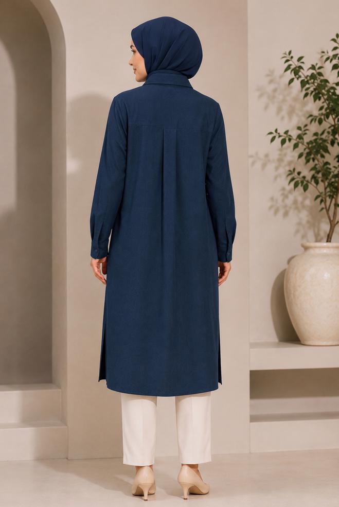 Hijab clothing NAVY BLUE SHIRT COLLAR EMBROIDERED TUNIC 21039 - ALVİNA
