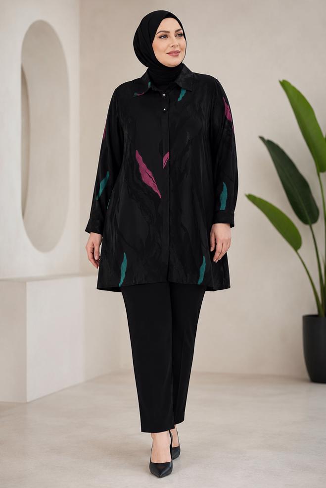 Hijab clothing BLACK PATTERNED SATIN JACQUARD TUNIC 21043 - ALVİNA