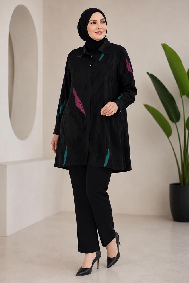 Hijab clothing BLACK PATTERNED SATIN JACQUARD TUNIC 21043 - ALVİNA