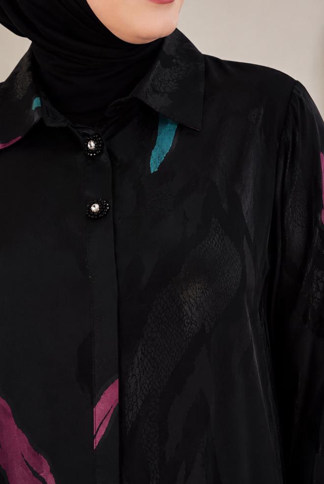Hijab clothing BLACK PATTERNED SATIN JACQUARD TUNIC 21043 - ALVİNA