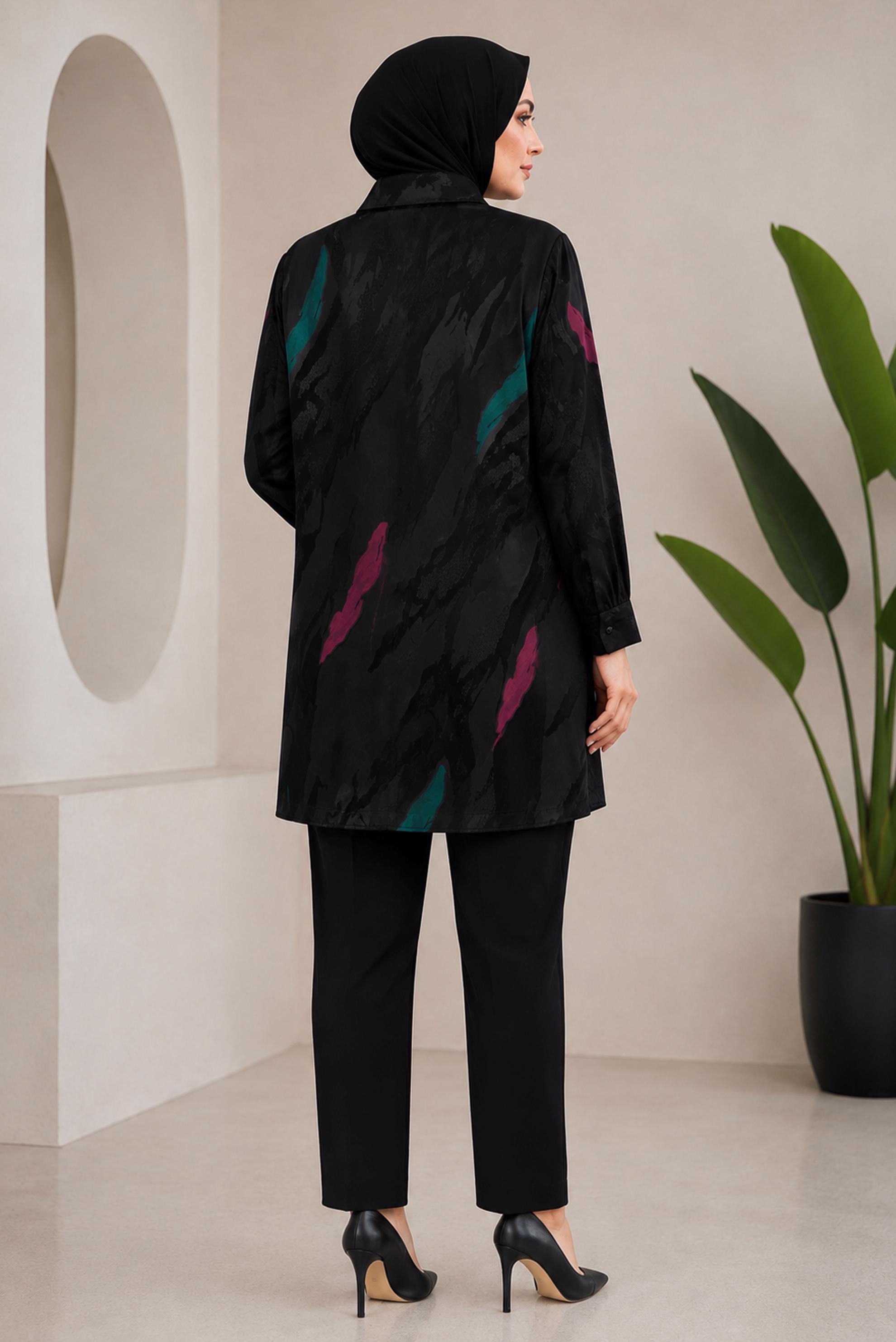 Hijab clothing BLACK PATTERNED SATIN JACQUARD TUNIC 21043