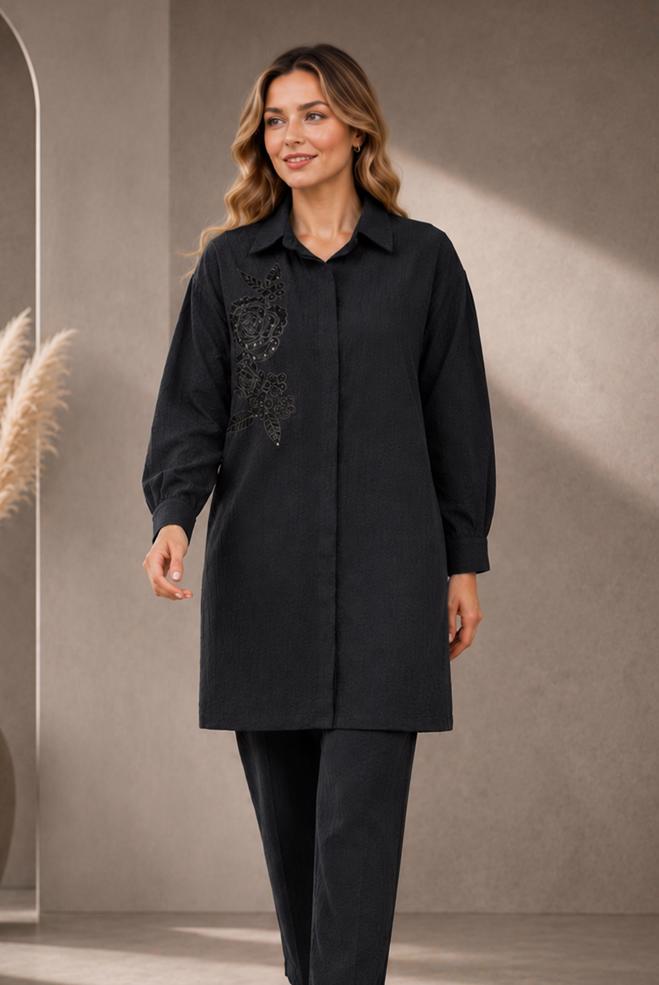Hijab clothing BLACK SHIRT COLLAR JACQUARD TUNIC 21045 - ALVİNA