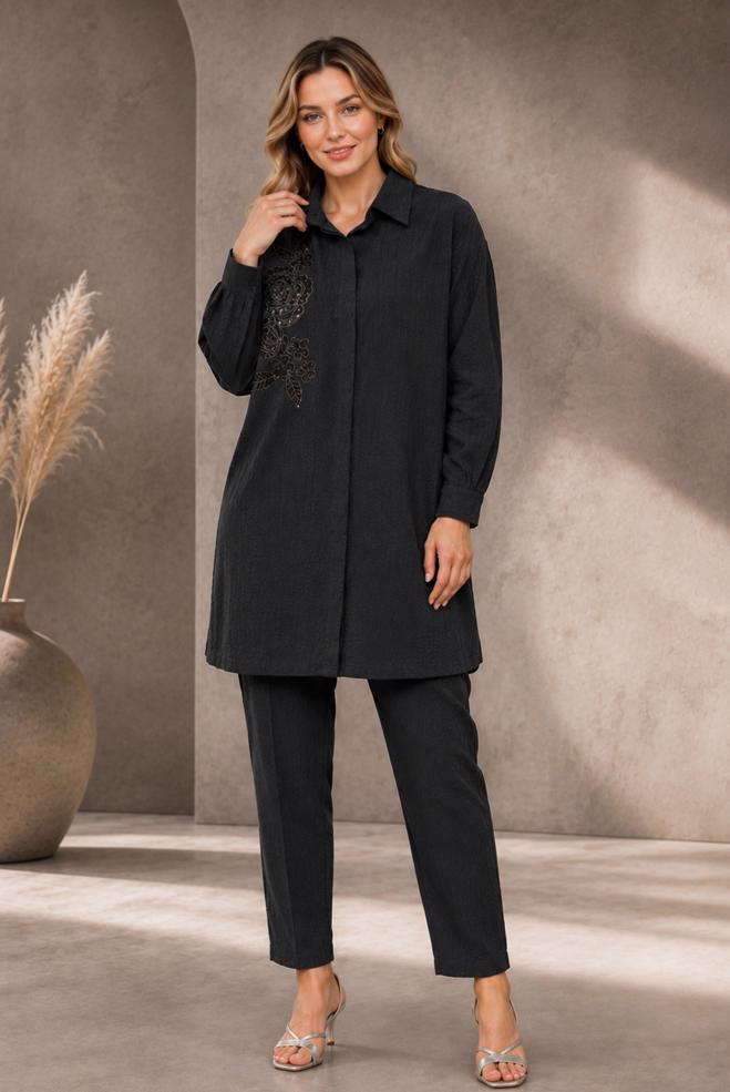 Hijab clothing BLACK SHIRT COLLAR JACQUARD TUNIC 21045 - ALVİNA