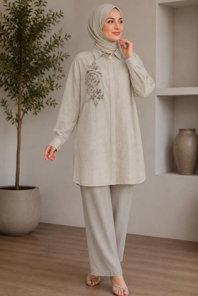 Hijab clothing BROWN SHIRT COLLAR JACQUARD TUNIC 21045 - ALVİNA
