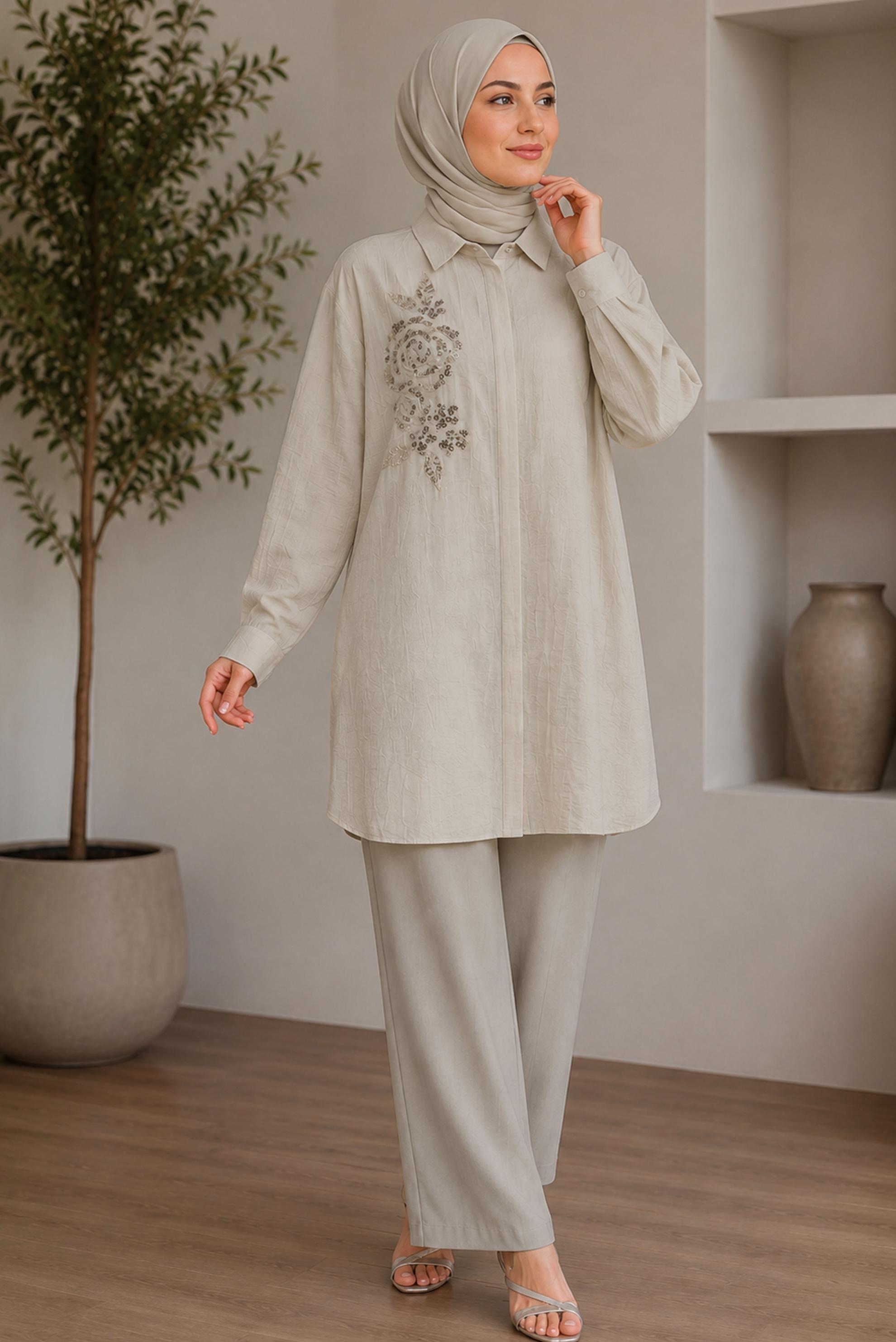 Hijab clothing BROWN SHIRT COLLAR JACQUARD TUNIC 21045