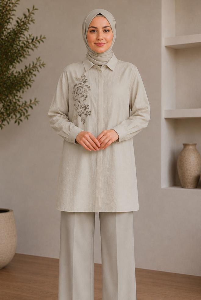 Hijab clothing BROWN SHIRT COLLAR JACQUARD TUNIC 21045 - ALVİNA