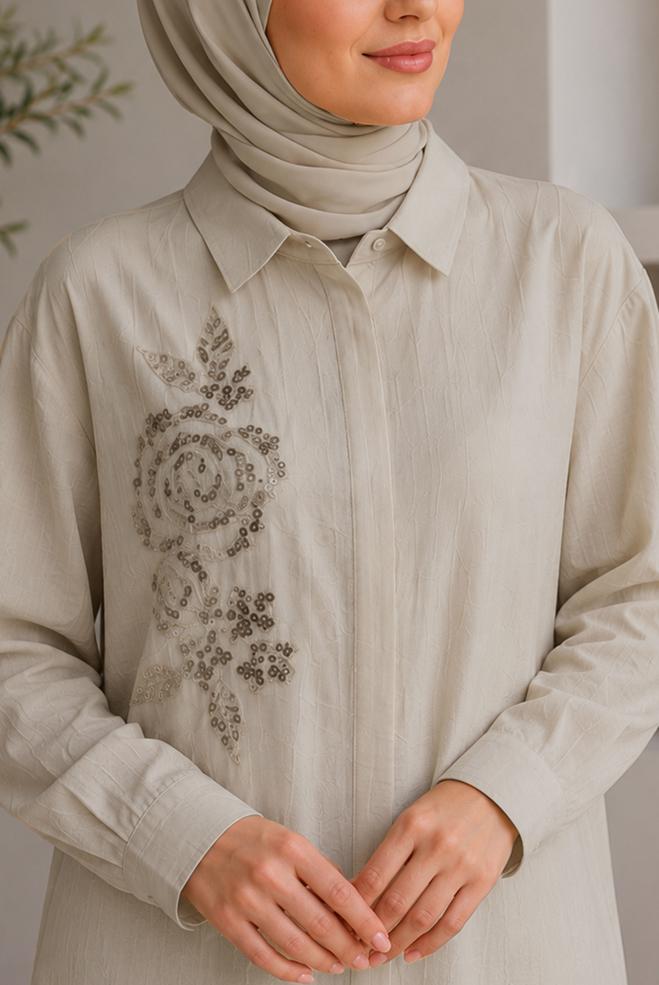 Hijab clothing BROWN SHIRT COLLAR JACQUARD TUNIC 21045 - ALVİNA