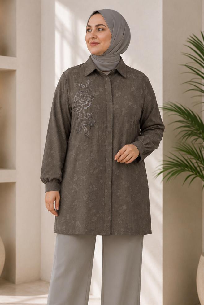 Hijab clothing BROWN SHIRT COLLAR JACQUARD TUNIC 21045 - ALVİNA