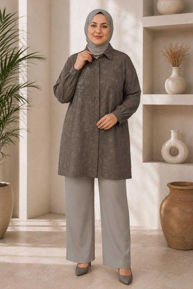 Hijab clothing BROWN SHIRT COLLAR JACQUARD TUNIC 21045 - ALVİNA