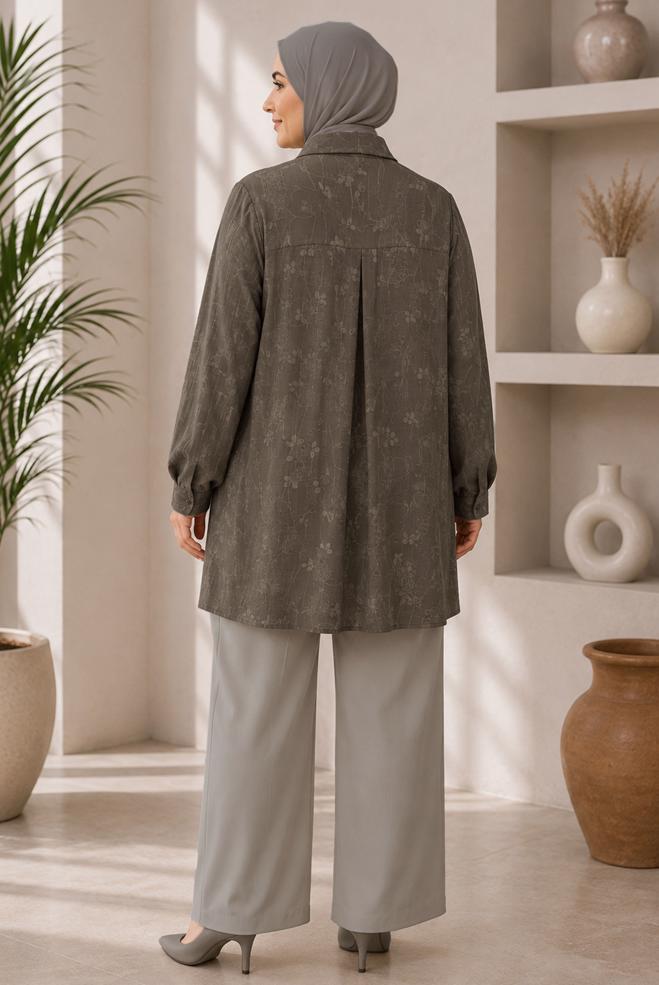 Hijab clothing BROWN SHIRT COLLAR JACQUARD TUNIC 21045 - ALVİNA