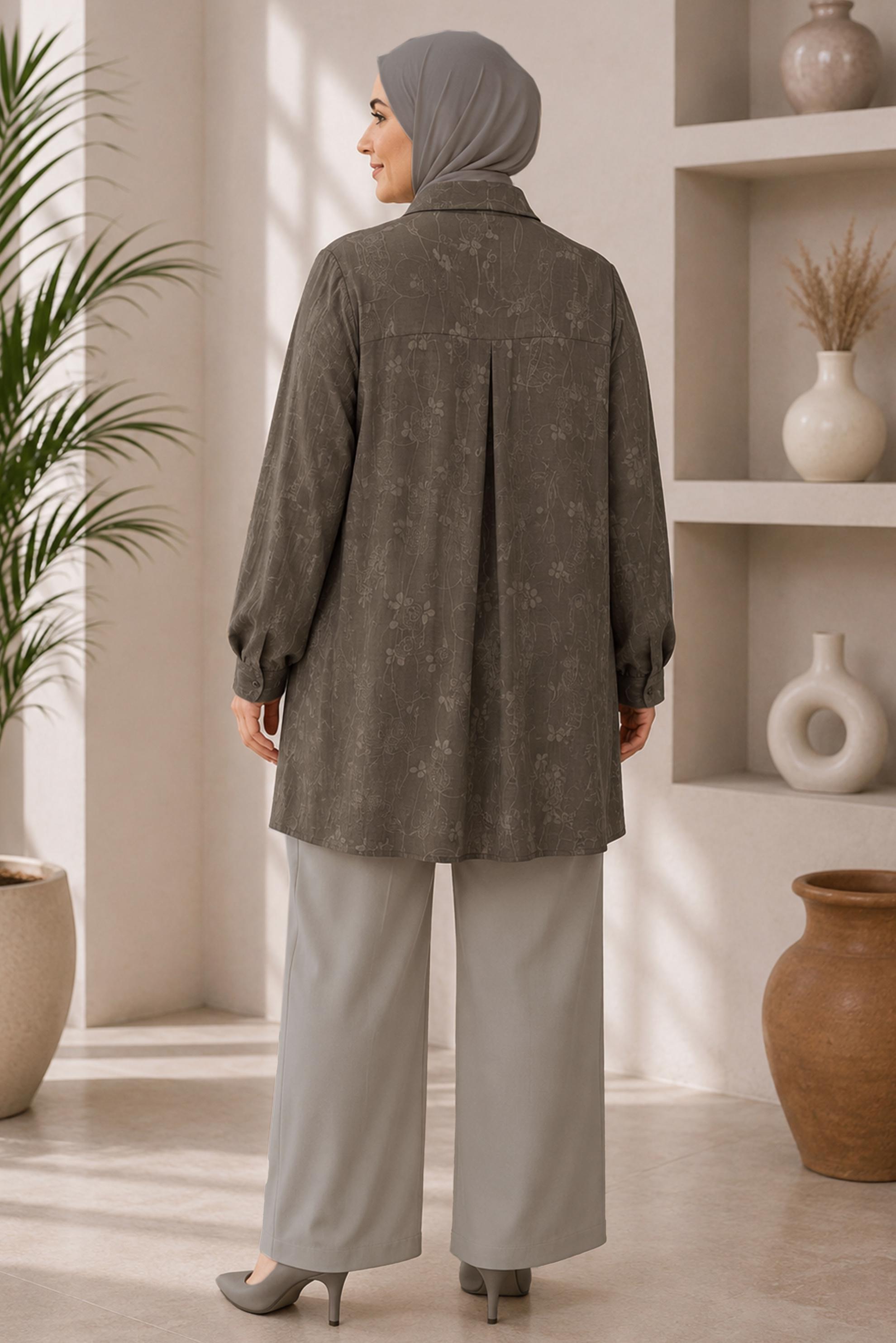 Hijab clothing BROWN SHIRT COLLAR JACQUARD TUNIC 21045
