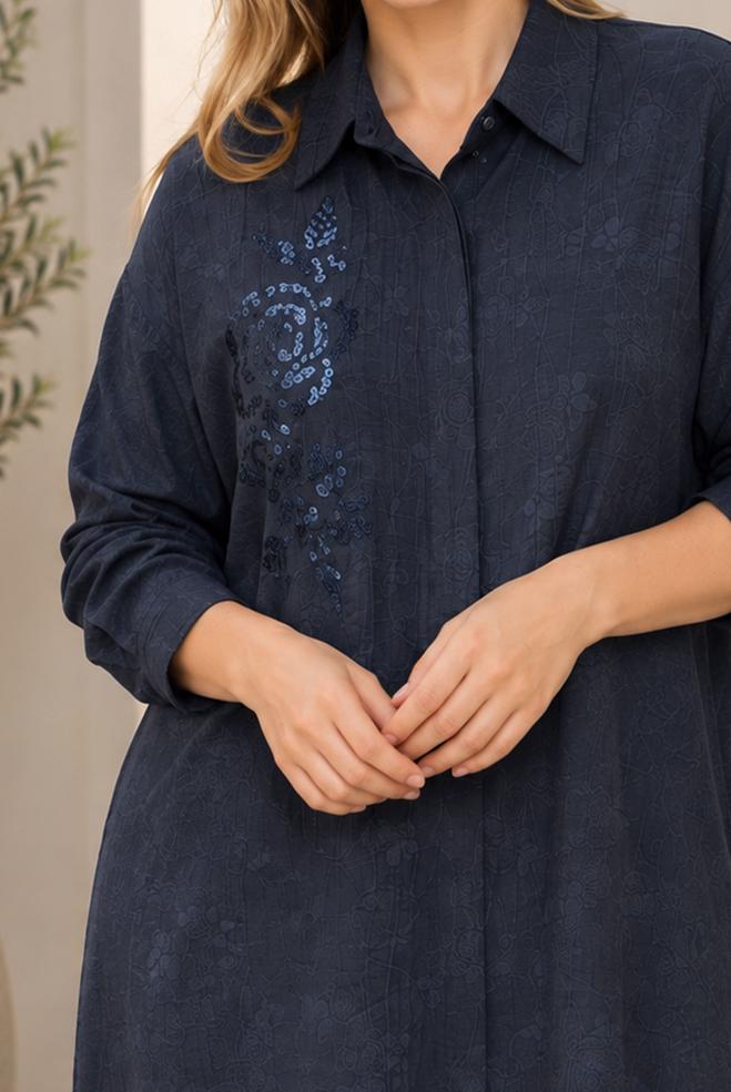 Hijab clothing NAVY BLUE SHIRT COLLAR JACQUARD TUNIC 21045 - ALVİNA