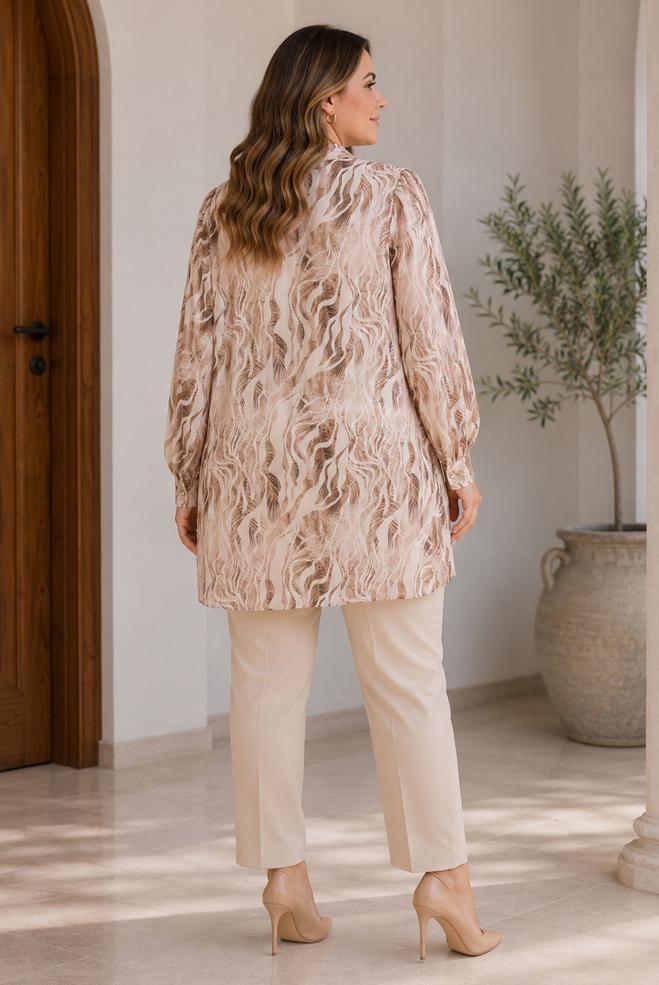 Hijab clothing BROWN PATTERNED SATIN TUNIC 21050 - ALVİNA