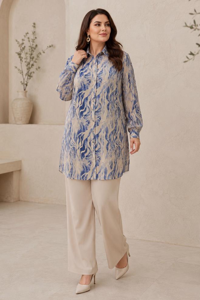 Hijab clothing NAVY BLUE PATTERNED SATIN TUNIC 21050 - ALVİNA