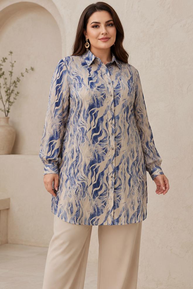 Hijab clothing NAVY BLUE PATTERNED SATIN TUNIC 21050 - ALVİNA