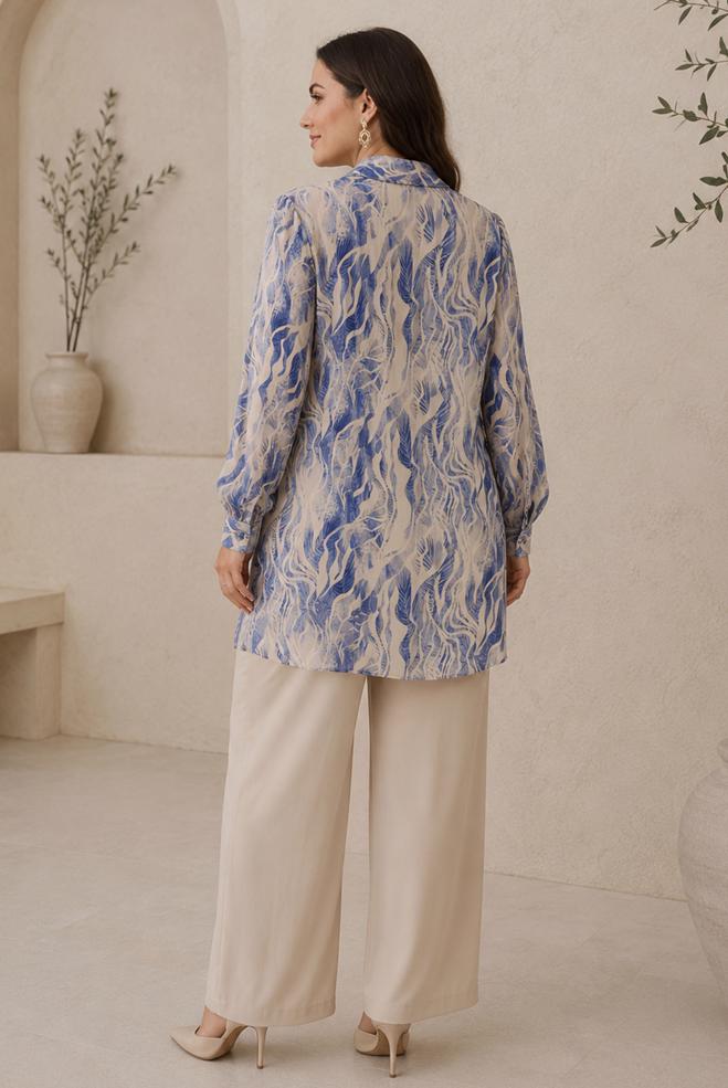 Hijab clothing NAVY BLUE PATTERNED SATIN TUNIC 21050 - ALVİNA