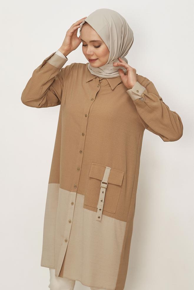 Hijab clothing BEIGE POCKET DETAILED LINEN EFFECT TUNIC 45518 - ALVİNA