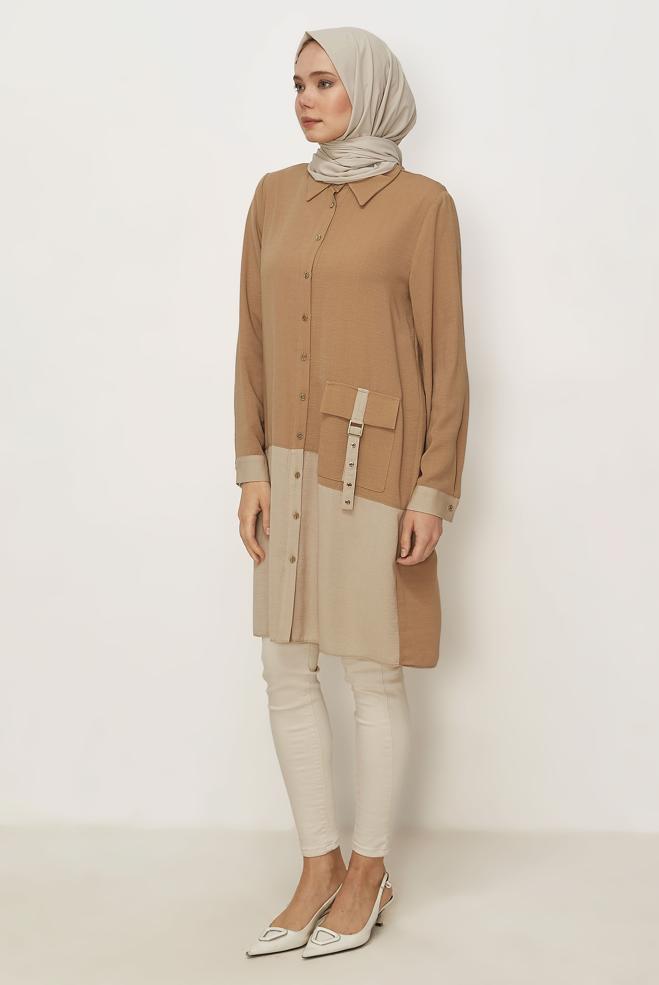 Hijab clothing BEIGE POCKET DETAILED LINEN EFFECT TUNIC 45518 - ALVİNA