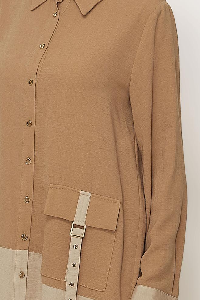 Hijab clothing BEIGE POCKET DETAILED LINEN EFFECT TUNIC 45518 - ALVİNA
