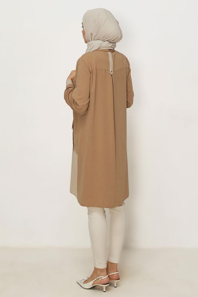 Hijab clothing BEIGE POCKET DETAILED LINEN EFFECT TUNIC 45518 - ALVİNA