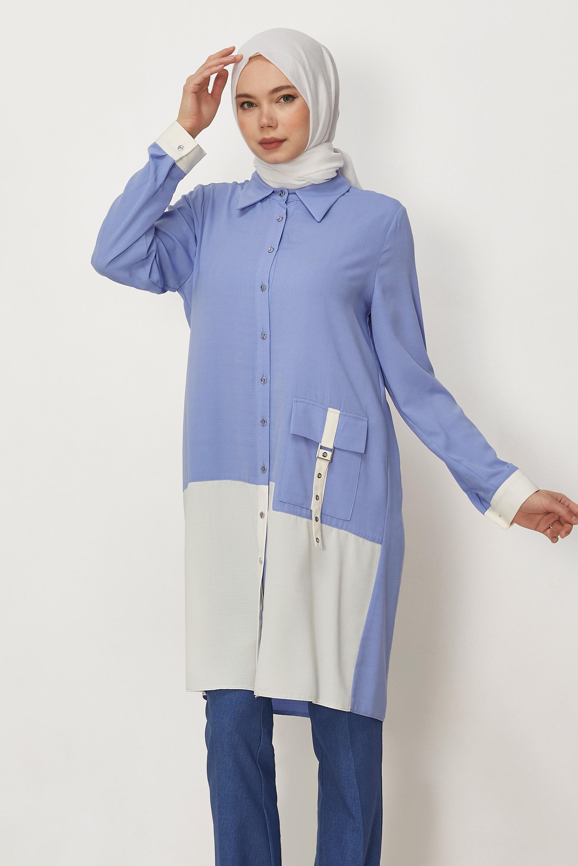 Hijab-Kleidung BLAU TUNIKA MIT LEINENEFFEKT 45518