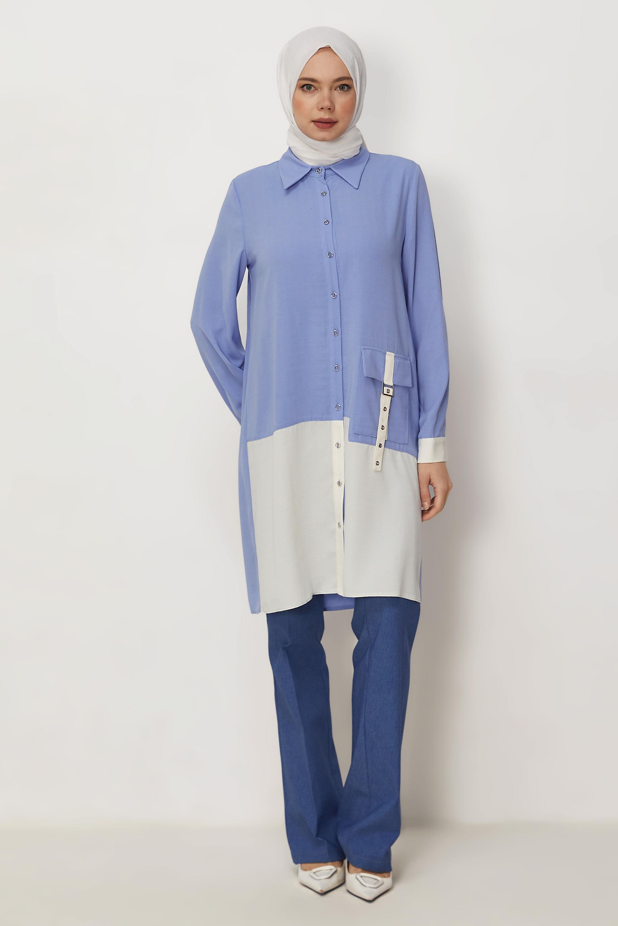 Hijab-Kleidung BLAU TUNIKA MIT LEINENEFFEKT 45518