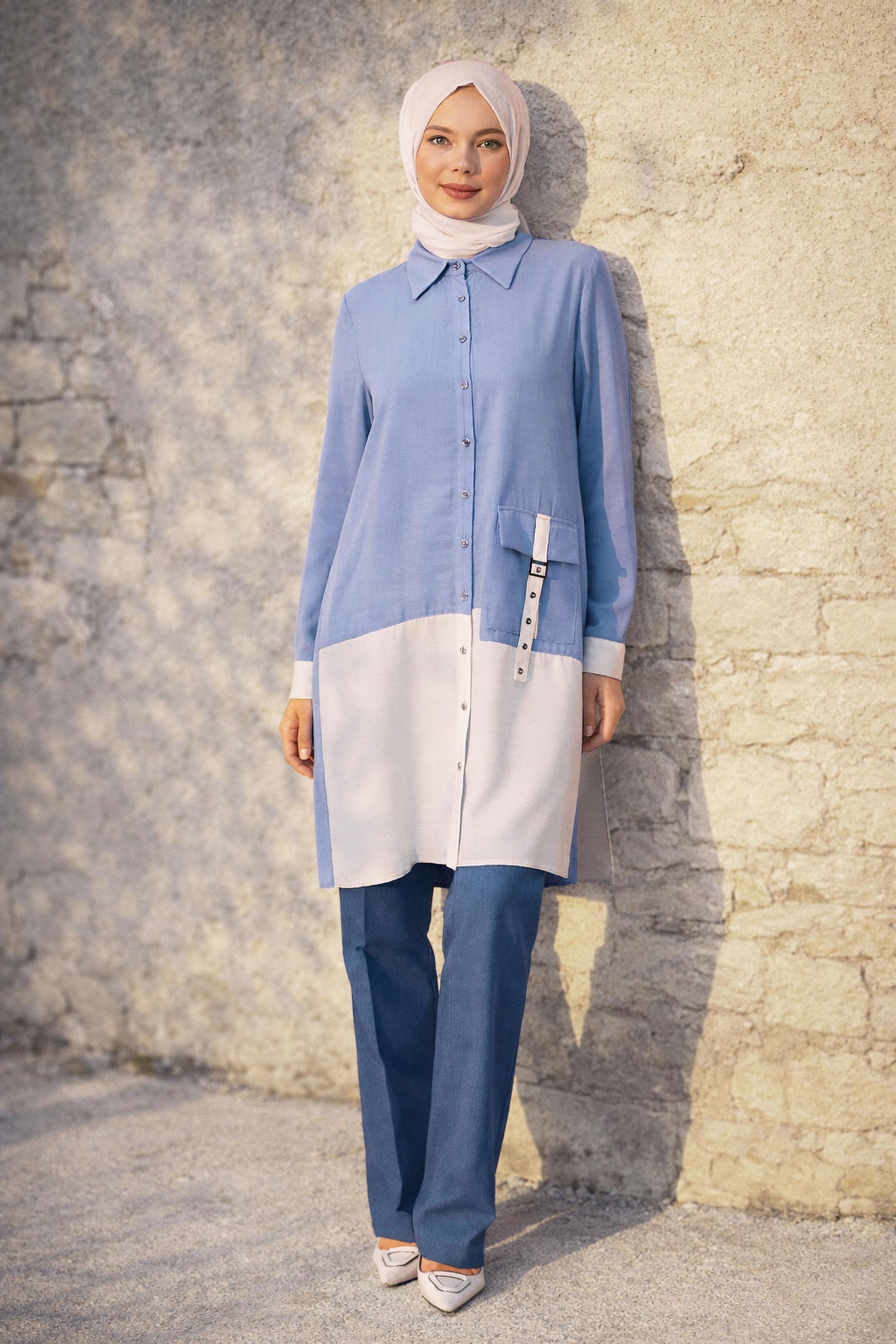 Hijab-Kleidung BLAU TUNIKA MIT LEINENEFFEKT 45518