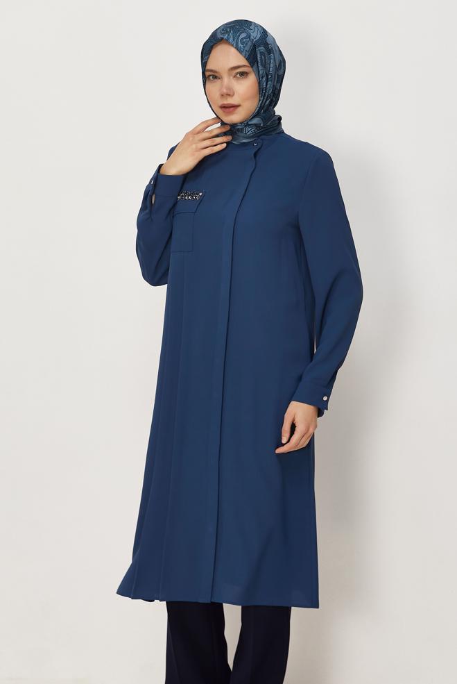 Hijab clothing NAVY BLUE LINEN EFFECT LONG TUNIC 45560 - ALVİNA