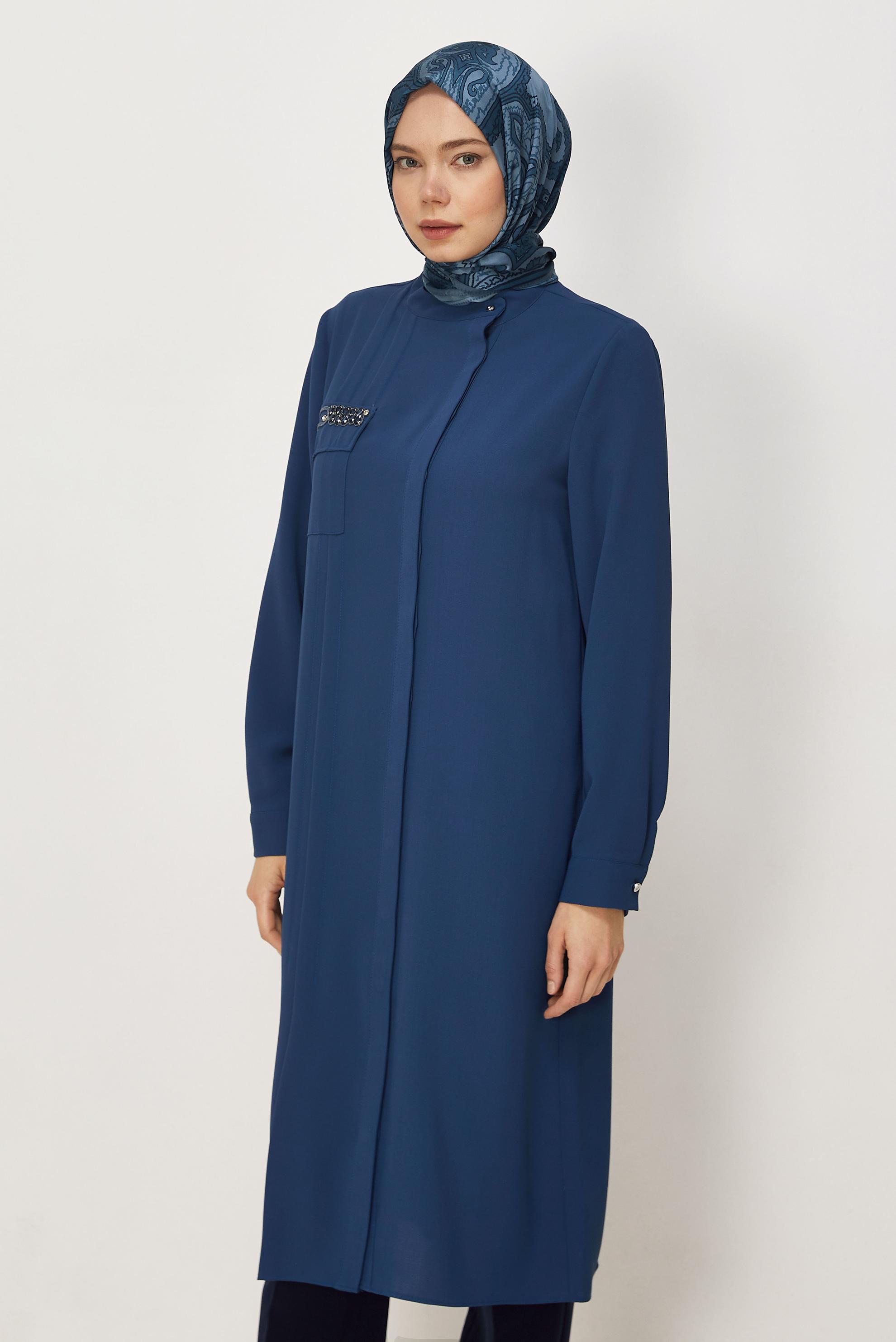 Hijab clothing NAVY BLUE LINEN EFFECT LONG TUNIC 45560