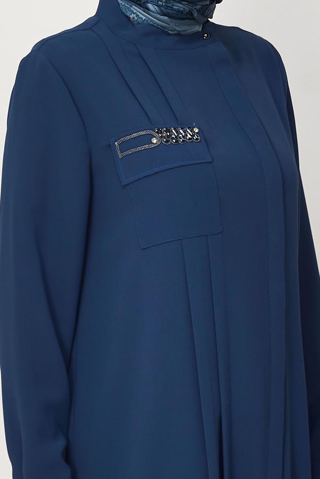 Hijab clothing NAVY BLUE LINEN EFFECT LONG TUNIC 45560 - ALVİNA