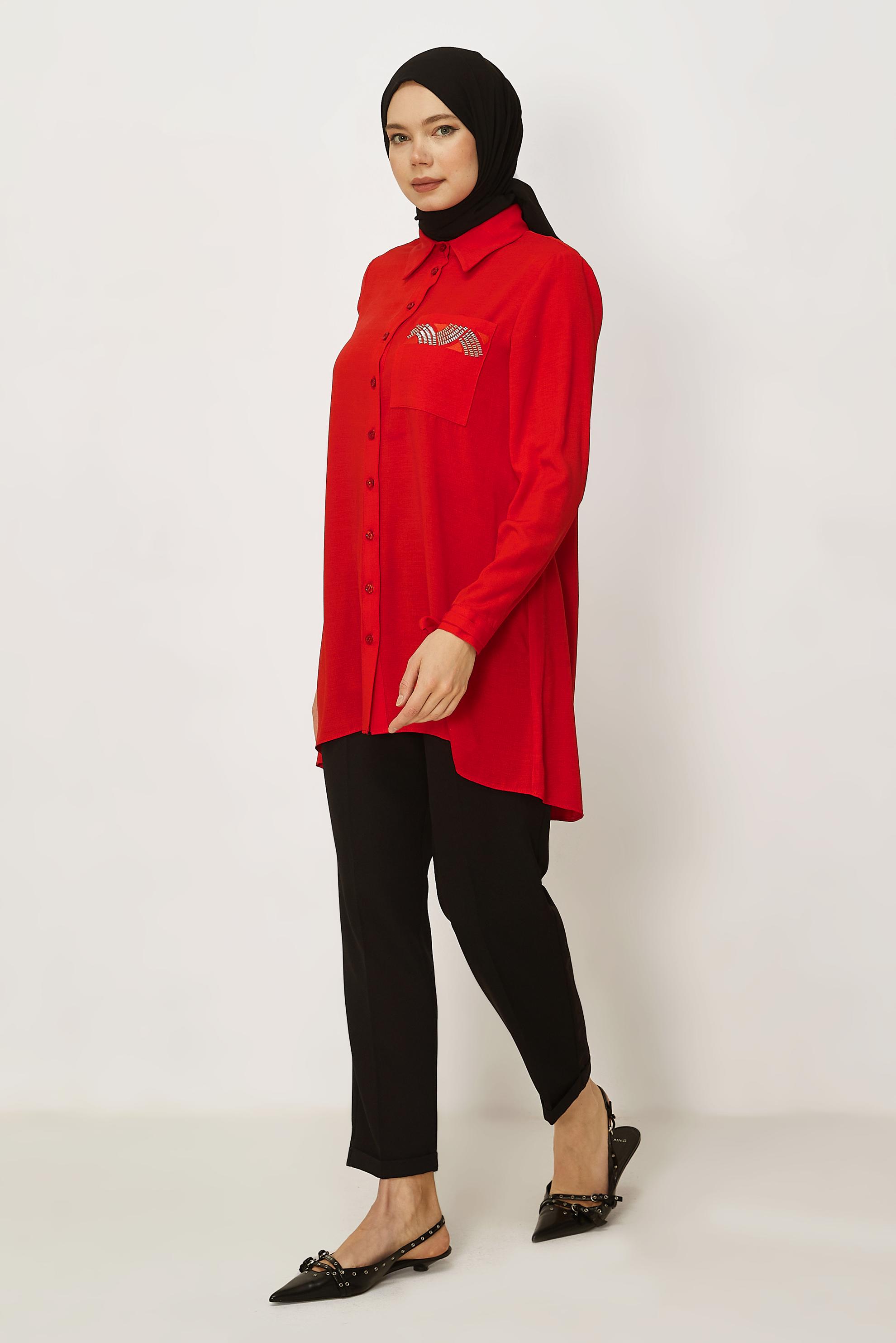 Hijab-Kleidung ROT TUNIKA MIT LEINENEFFEKT 45588