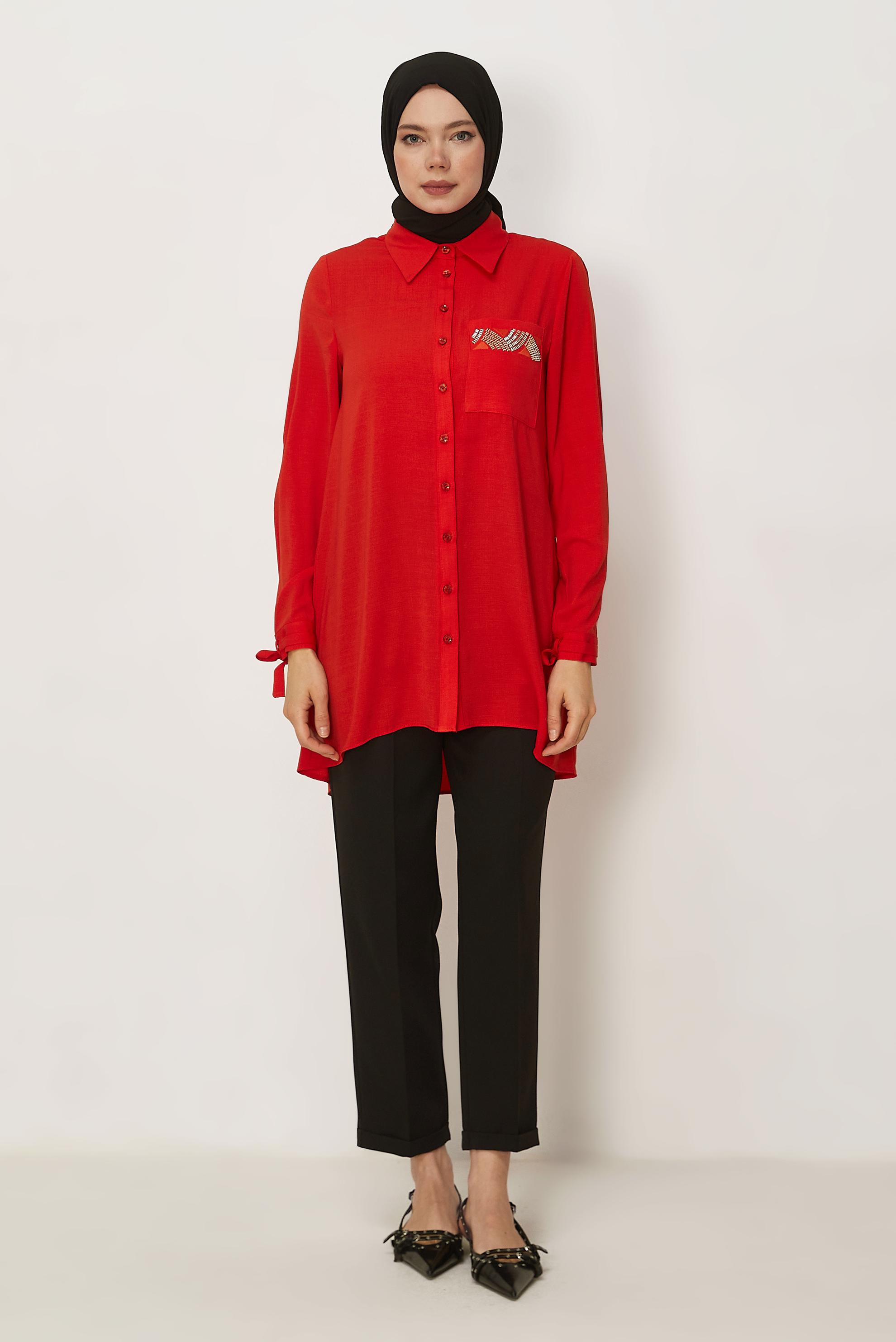 Hijab-Kleidung ROT TUNIKA MIT LEINENEFFEKT 45588