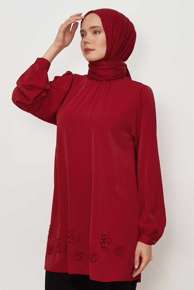 Hijab clothing RED EMBROIDERY DETAILED TUNIC 45710 - ALVİNA