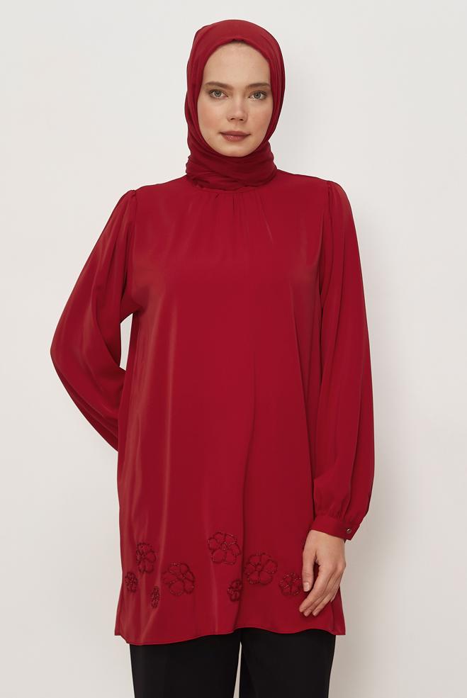 Hijab clothing RED EMBROIDERY DETAILED TUNIC 45710 - ALVİNA
