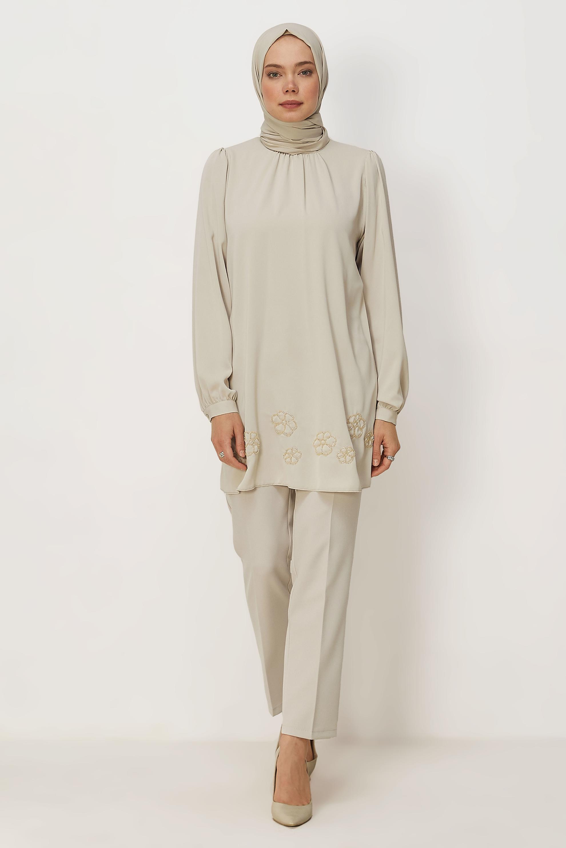 Hijab clothing BEIGE EMBROIDERY DETAILED TUNIC 45710